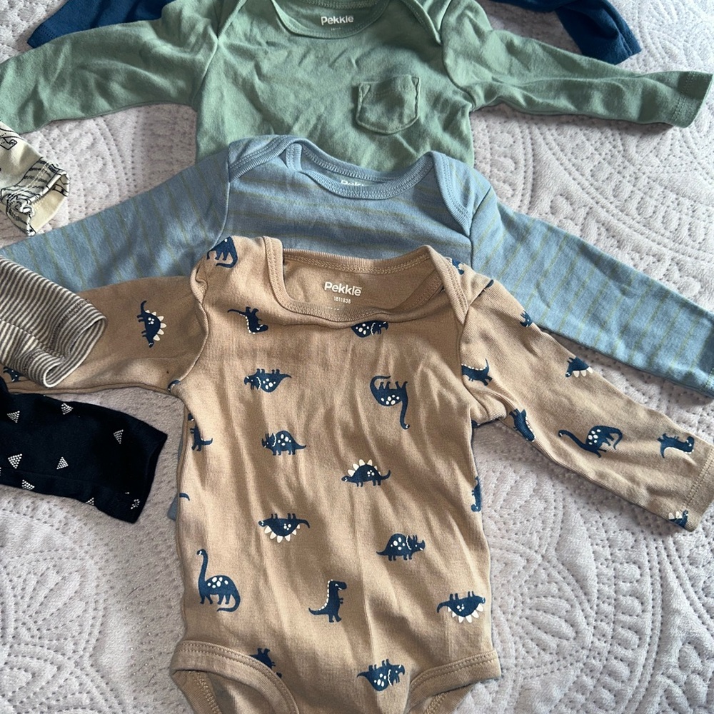 Pekkle Baby Bodysuit Set - Green, Blue, Tan with Dinosaurs